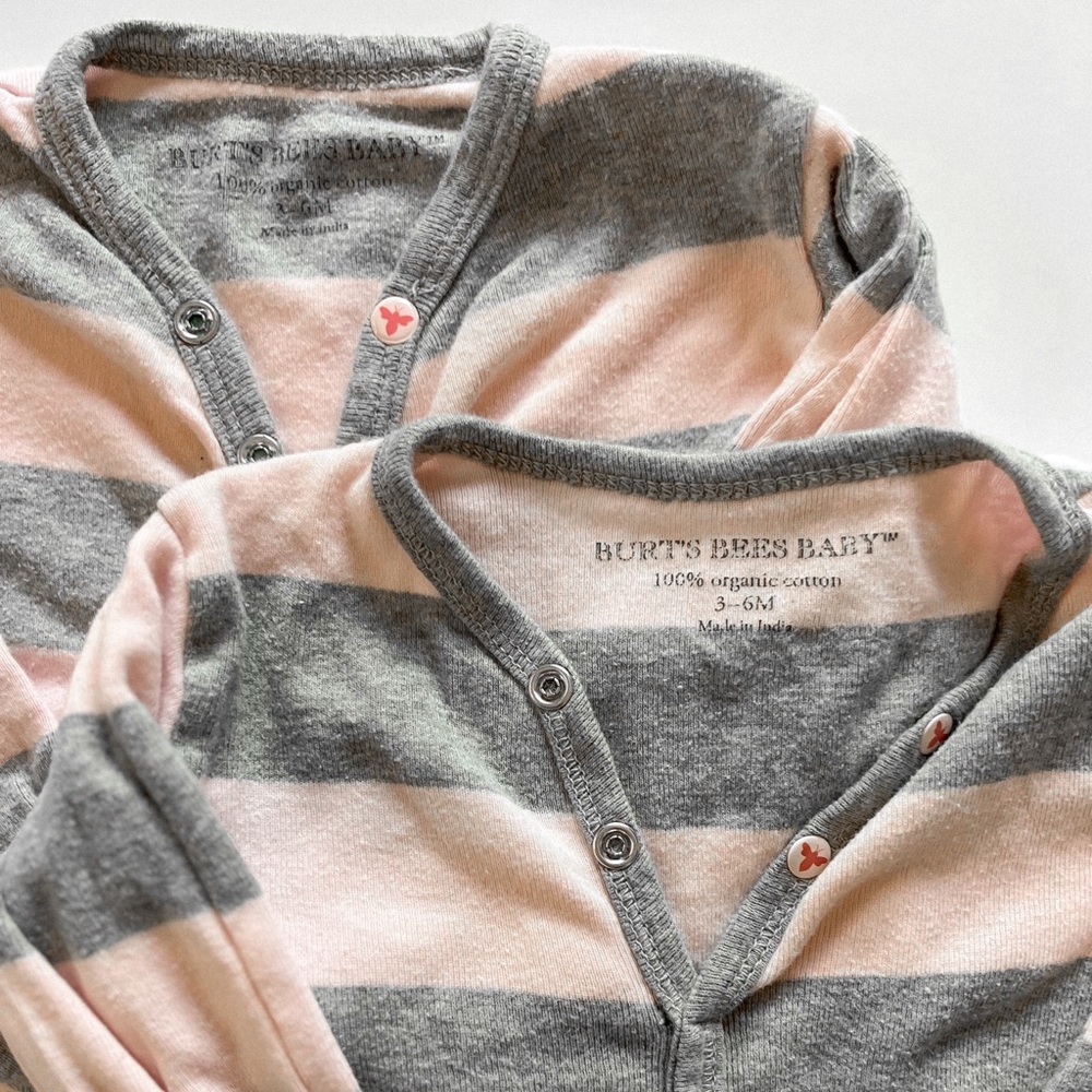 Burt's Bees Baby Pink and Gray Striped Bodysuits - 3/6 Months